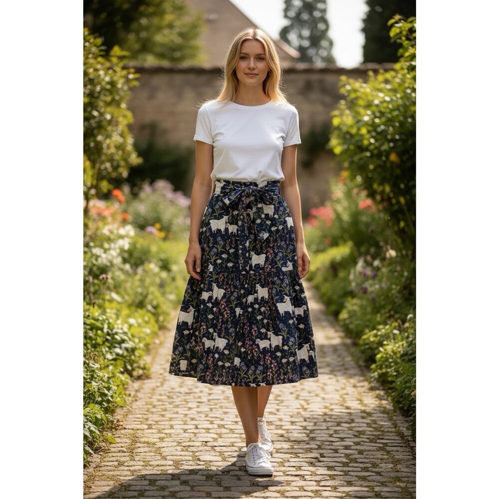 Princess Highway Skirt Midi Belted A-line Skirt Au 6 US 2 Cottage Whimsical Lamb